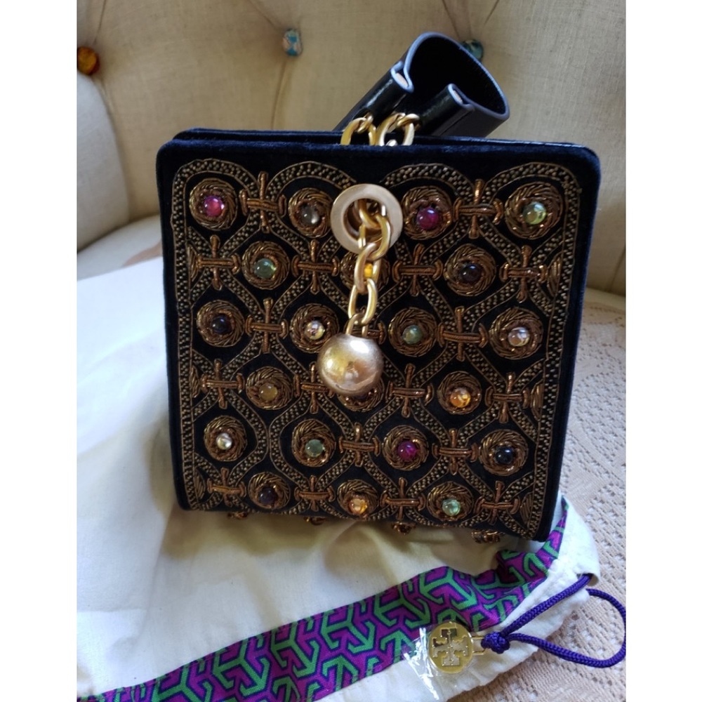 Tory Burch Black Velvet Jeweled Box Clutch with Gold Hardware ULTRA rare